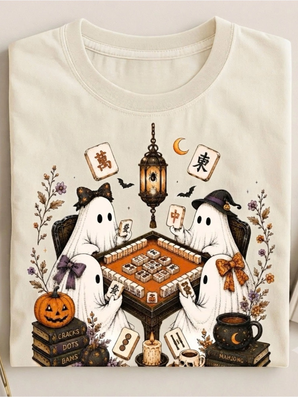 Gildan Cream Halloween Ghosts Mahjong Short Sleeve Tee